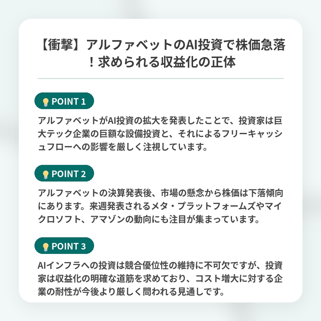 【衝撃】アルファベットのAI投資で株価急落!求められる収益化の正体の注目ポイントまとめ