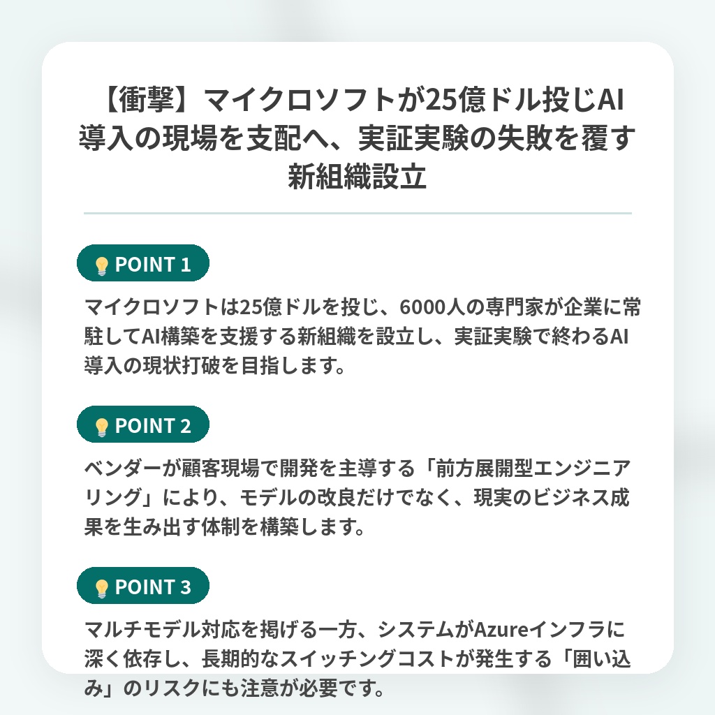 【衝撃】マイクロソフトが25億ドル投じAI導入の現場を支配へ、実証実験の失敗を覆す新組織設立の注目ポイントまとめ