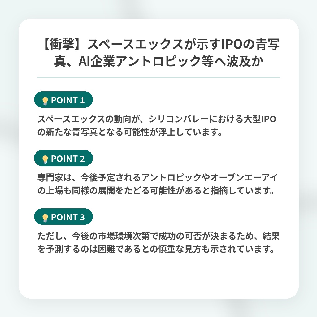 【衝撃】スペースエックスが示すIPOの青写真、AI企業アントロピック等へ波及かの注目ポイントまとめ