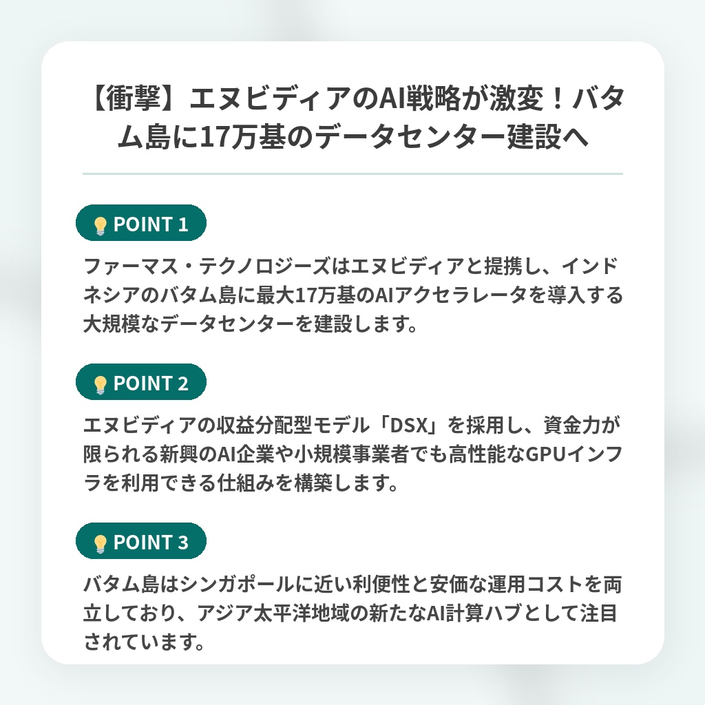 【衝撃】エヌビディアのAI戦略が激変！バタム島に17万基のデータセンター建設への注目ポイントまとめ