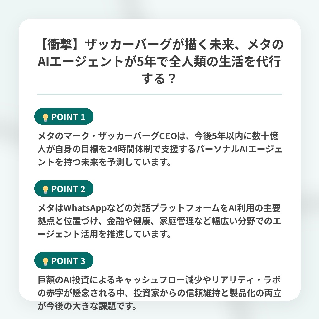 【衝撃】ザッカーバーグが描く未来、メタのAIエージェントが5年で全人類の生活を代行する?の注目ポイントまとめ