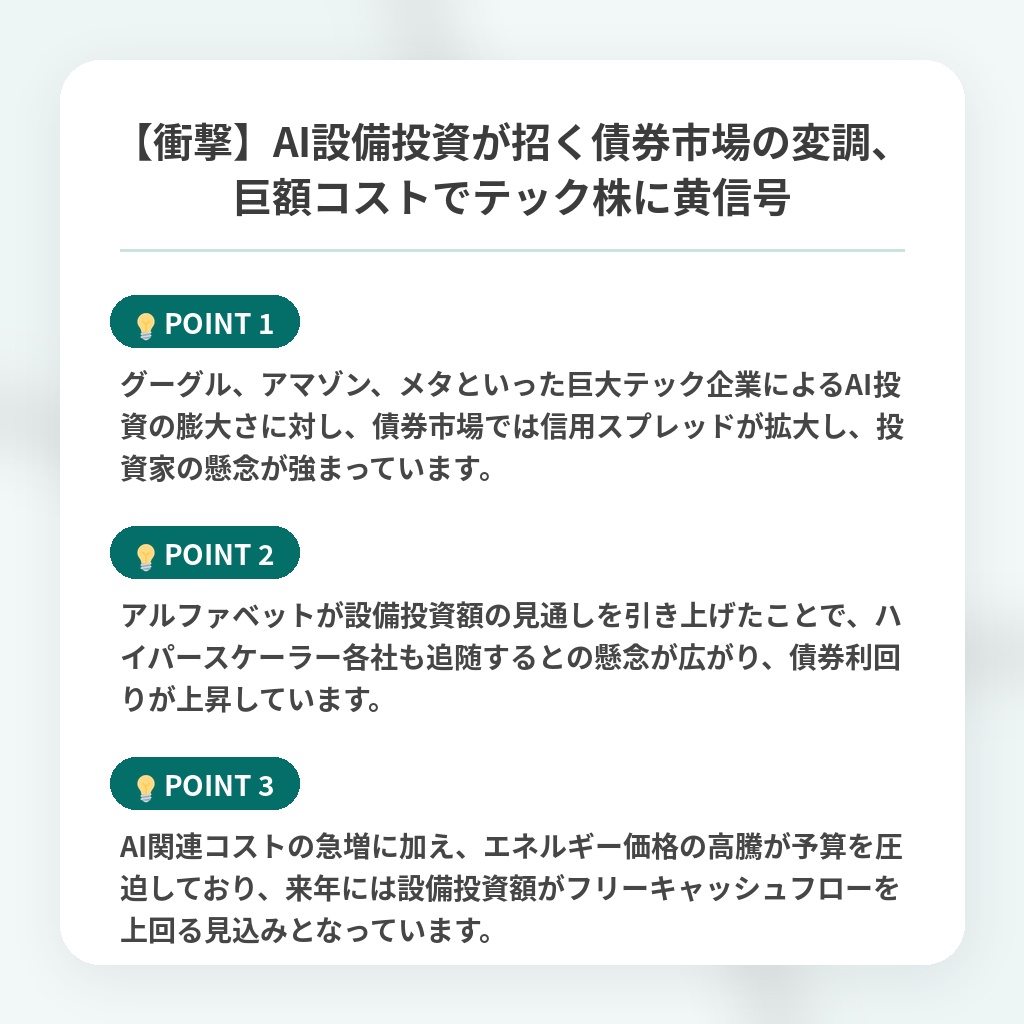 【衝撃】AI設備投資が招く債券市場の変調、巨額コストでテック株に黄信号の注目ポイントまとめ