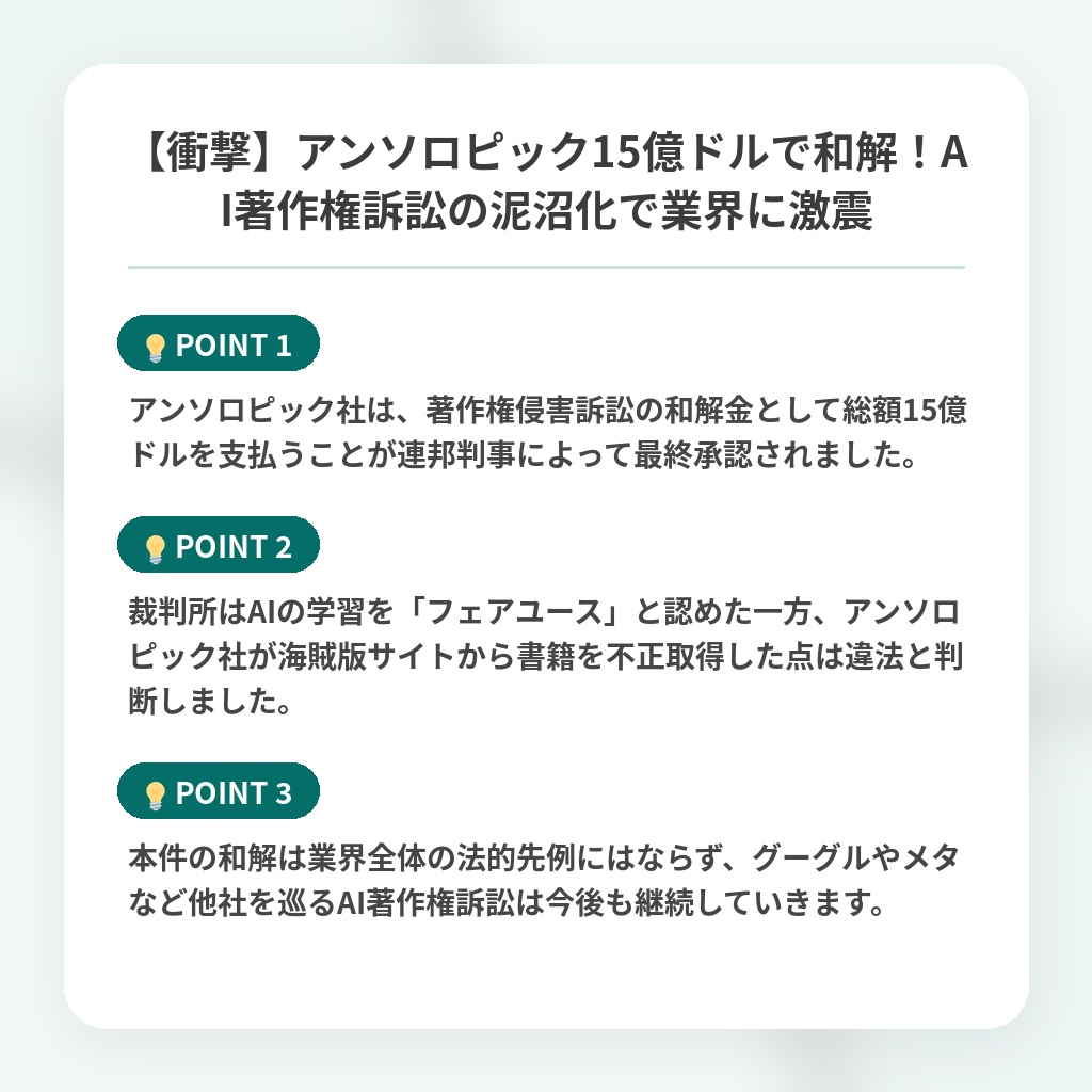【衝撃】アンソロピック15億ドルで和解!AI著作権訴訟の泥沼化で業界に激震の注目ポイントまとめ