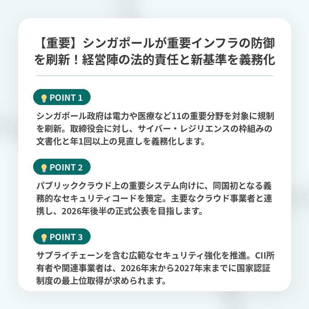 【重要】シンガポールが重要インフラの防御を刷新!経営陣の法的責任と新基準を義務化の注目ポイントまとめ