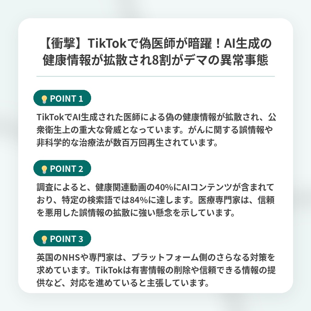 【衝撃】TikTokで偽医師が暗躍！AI生成の健康情報が拡散され8割がデマの異常事態の注目ポイントまとめ