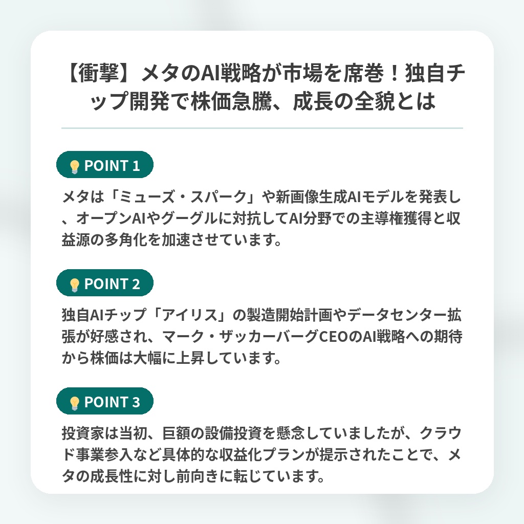 【衝撃】メタのAI戦略が市場を席巻!独自チップ開発で株価急騰、成長の全貌とはの注目ポイントまとめ