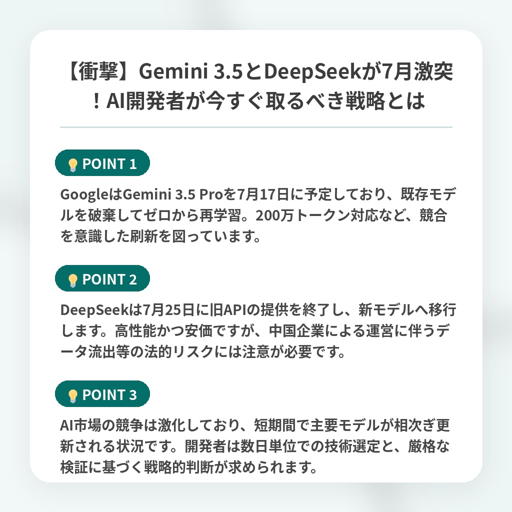 【衝撃】Gemini 3.5とDeepSeekが7月激突!AI開発者が今すぐ取るべき戦略とはの注目ポイントまとめ