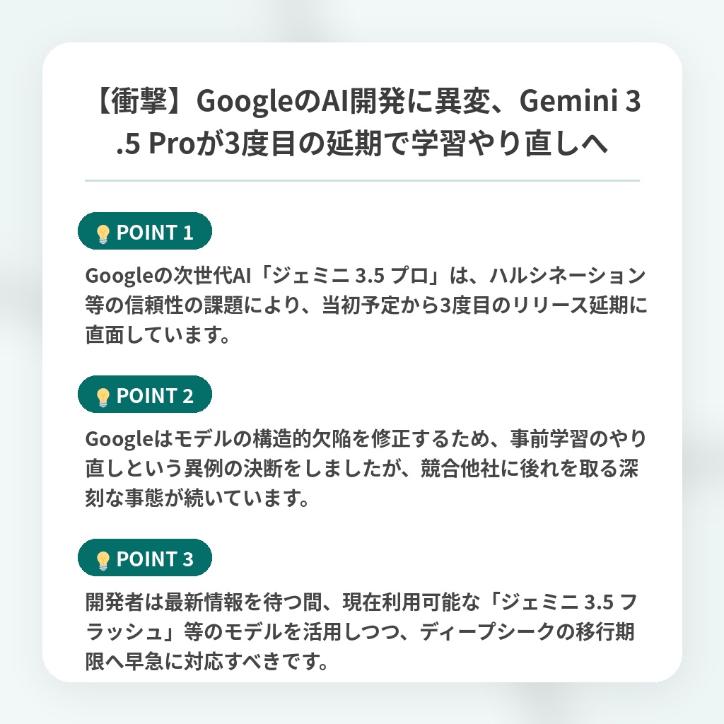 【衝撃】GoogleのAI開発に異変、Gemini 3.5 Proが3度目の延期で学習やり直しへの注目ポイントまとめ
