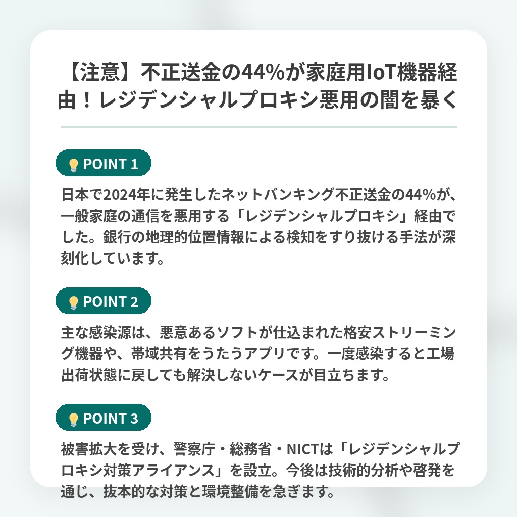 【注意】不正送金の44%が家庭用IoT機器経由!レジデンシャルプロキシ悪用の闇を暴くの注目ポイントまとめ
