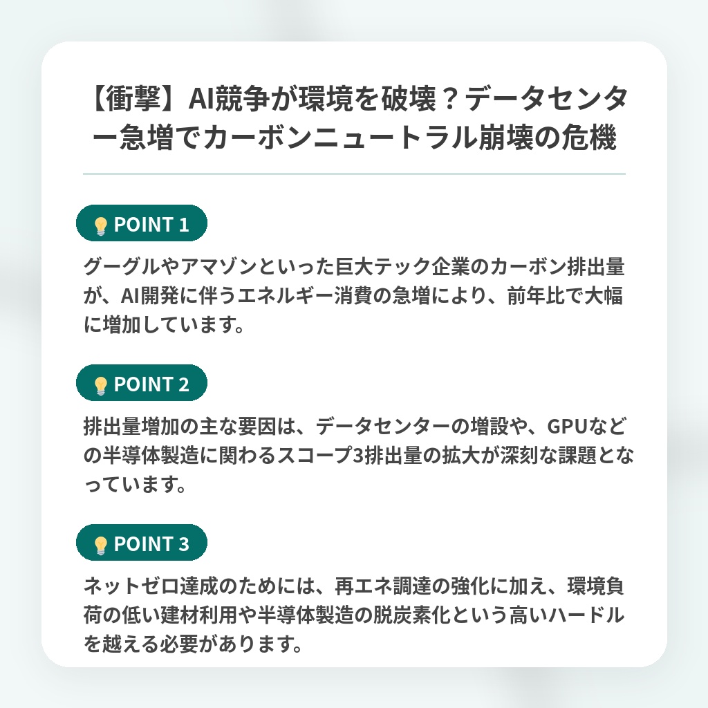 【衝撃】AI競争が環境を破壊？データセンター急増でカーボンニュートラル崩壊の危機の注目ポイントまとめ
