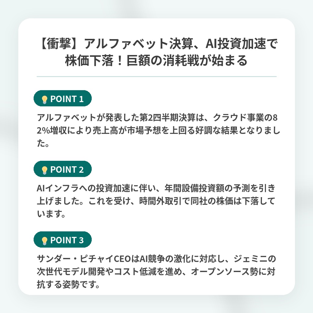 【衝撃】アルファベット決算、AI投資加速で株価下落！巨額の消耗戦が始まるの注目ポイントまとめ