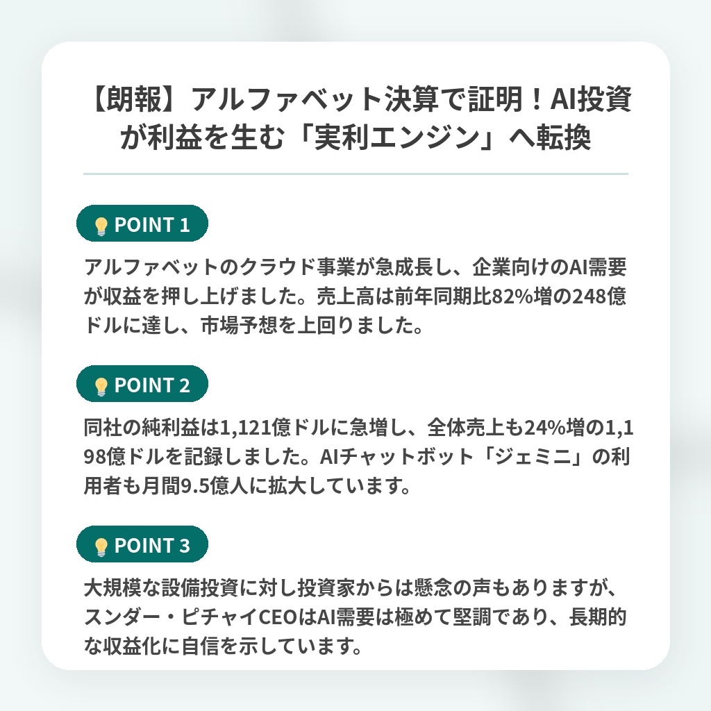 【朗報】アルファベット決算で証明！AI投資が利益を生む「実利エンジン」へ転換の注目ポイントまとめ