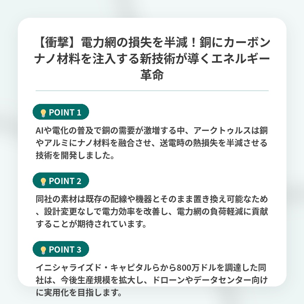 【衝撃】電力網の損失を半減！銅にカーボンナノ材料を注入する新技術が導くエネルギー革命の注目ポイントまとめ
