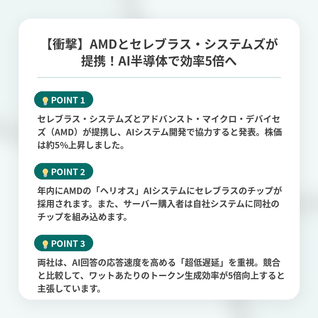 【衝撃】AMDとセレブラス・システムズが提携!AI半導体で効率5倍への注目ポイントまとめ