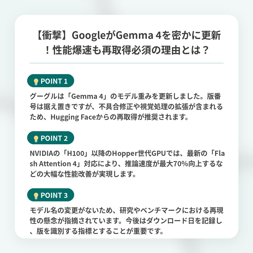 【衝撃】GoogleがGemma 4を密かに更新!性能爆速も再取得必須の理由とは?の注目ポイントまとめ