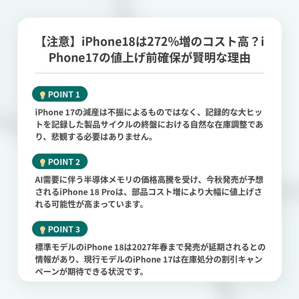 【注意】iPhone18は272%増のコスト高?iPhone17の値上げ前確保が賢明な理由の注目ポイントまとめ