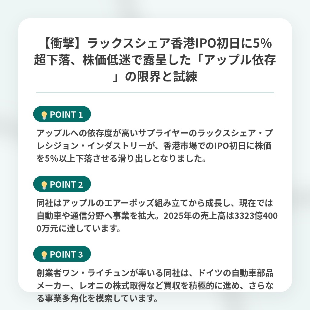 【衝撃】ラックスシェア香港IPO初日に5%超下落、株価低迷で露呈した「アップル依存」の限界と試練の注目ポイントまとめ