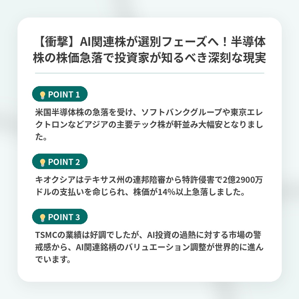 【衝撃】AI関連株が選別フェーズへ!半導体株の株価急落で投資家が知るべき深刻な現実の注目ポイントまとめ
