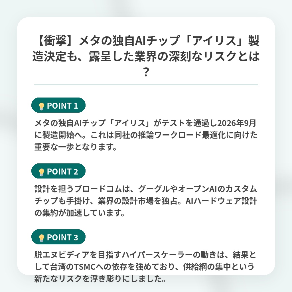 【衝撃】メタの独自AIチップ「アイリス」製造決定も、露呈した業界の深刻なリスクとは?の注目ポイントまとめ