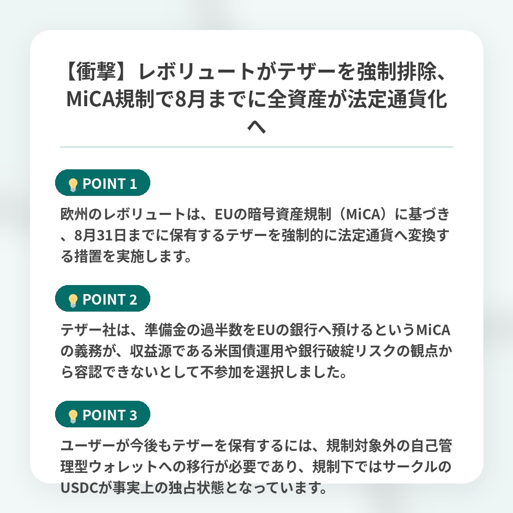 【衝撃】レボリュートがテザーを強制排除、MiCA規制で8月までに全資産が法定通貨化への注目ポイントまとめ