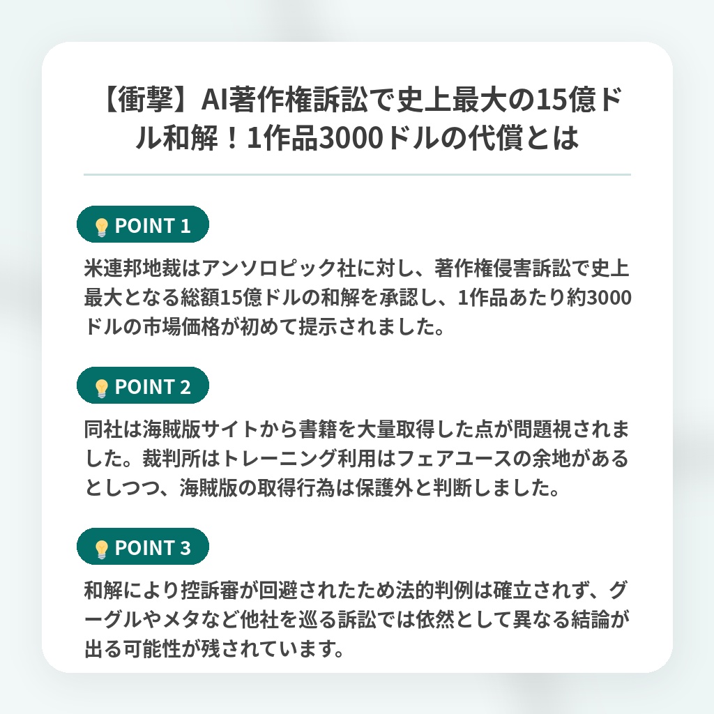 【衝撃】AI著作権訴訟で史上最大の15億ドル和解!1作品3000ドルの代償とはの注目ポイントまとめ