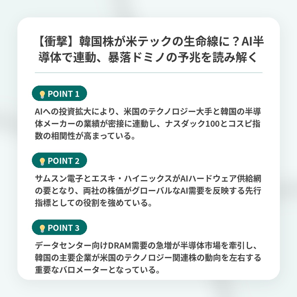 【衝撃】韓国株が米テックの生命線に？AI半導体で連動、暴落ドミノの予兆を読み解くの注目ポイントまとめ