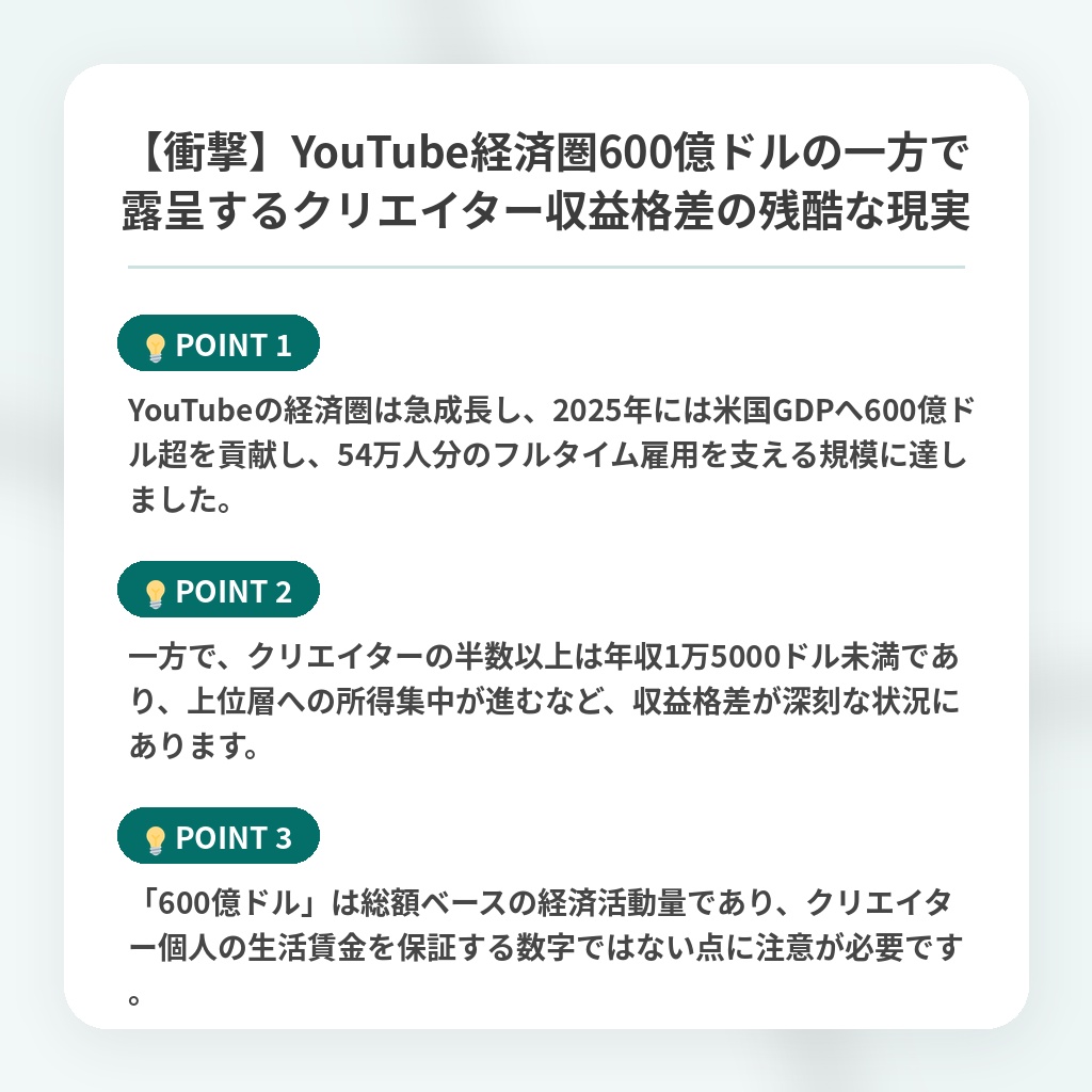 【衝撃】YouTube経済圏600億ドルの一方で露呈するクリエイター収益格差の残酷な現実の注目ポイントまとめ