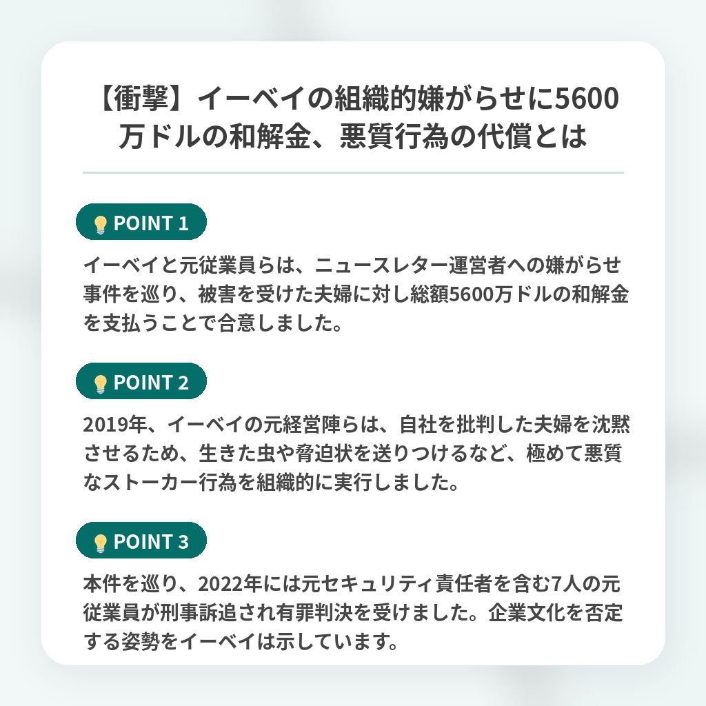 【衝撃】イーベイの組織的嫌がらせに5600万ドルの和解金、悪質行為の代償とはの注目ポイントまとめ