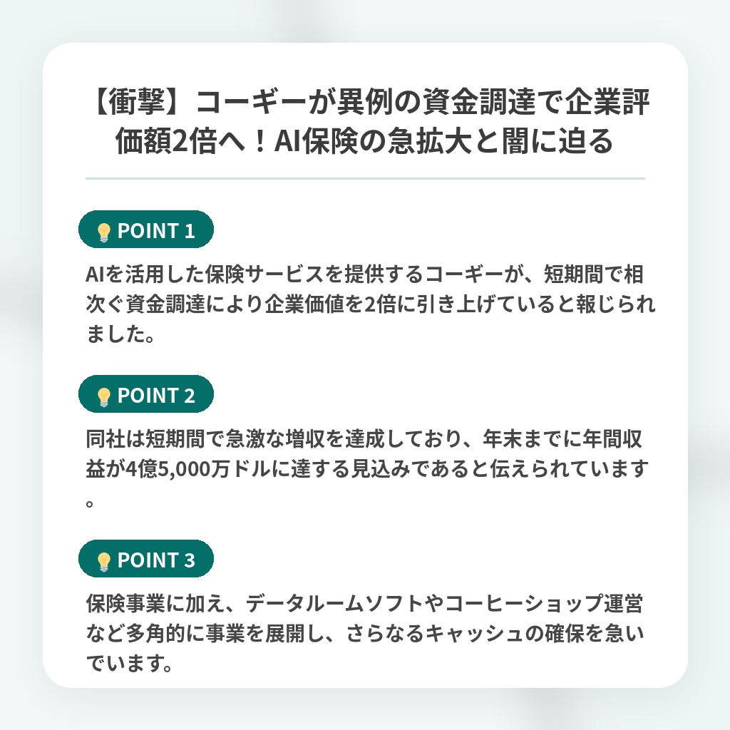 【衝撃】コーギーが異例の資金調達で企業評価額2倍へ！AI保険の急拡大と闇に迫るの注目ポイントまとめ