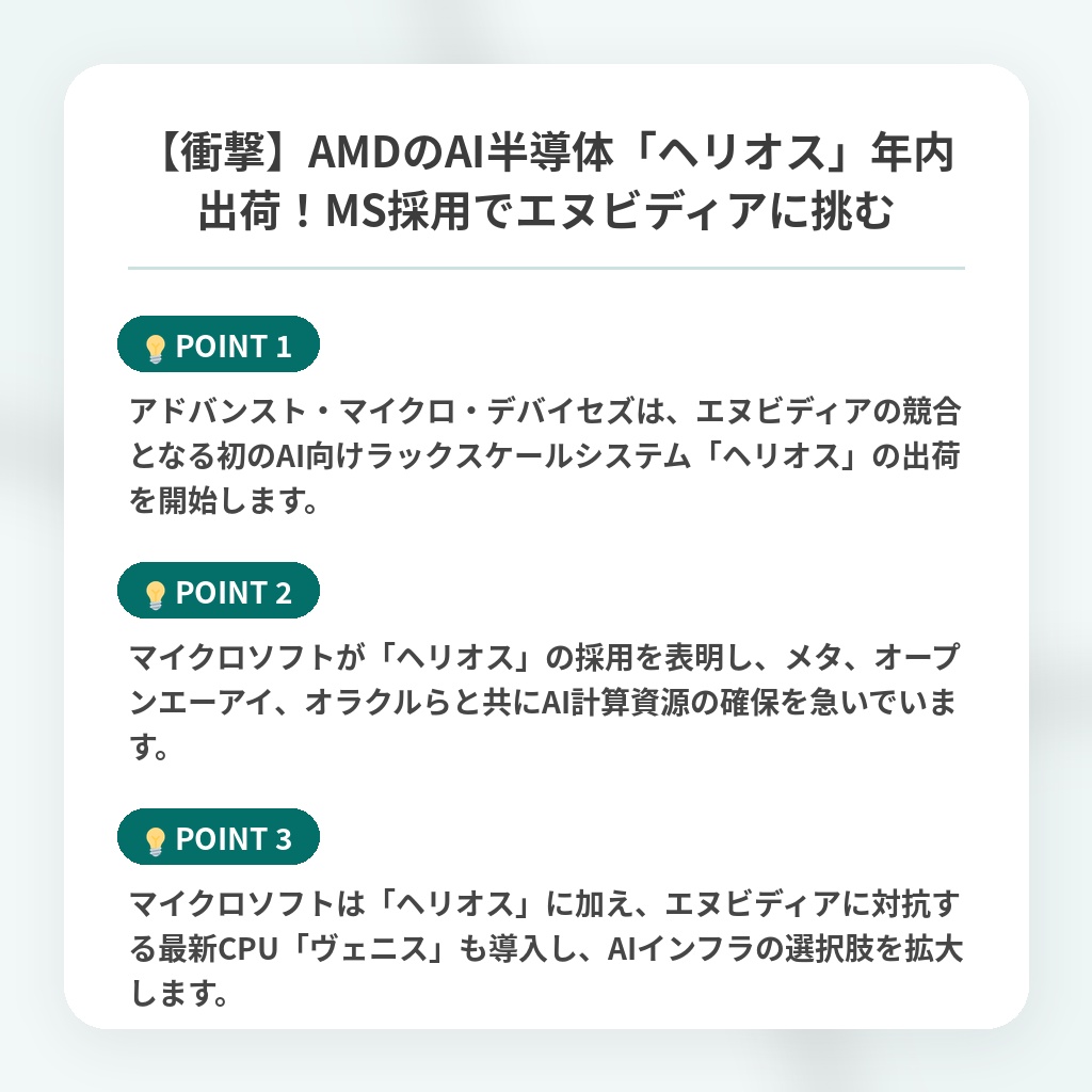 【衝撃】AMDのAI半導体「ヘリオス」年内出荷!MS採用でエヌビディアに挑むの注目ポイントまとめ