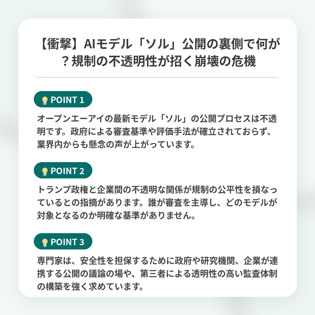【衝撃】AIモデル「ソル」公開の裏側で何が？規制の不透明性が招く崩壊の危機の注目ポイントまとめ