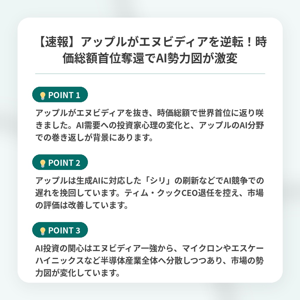 【速報】アップルがエヌビディアを逆転！時価総額首位奪還でAI勢力図が激変の注目ポイントまとめ