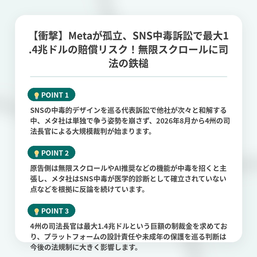 【衝撃】Metaが孤立、SNS中毒訴訟で最大1.4兆ドルの賠償リスク!無限スクロールに司法の鉄槌の注目ポイントまとめ