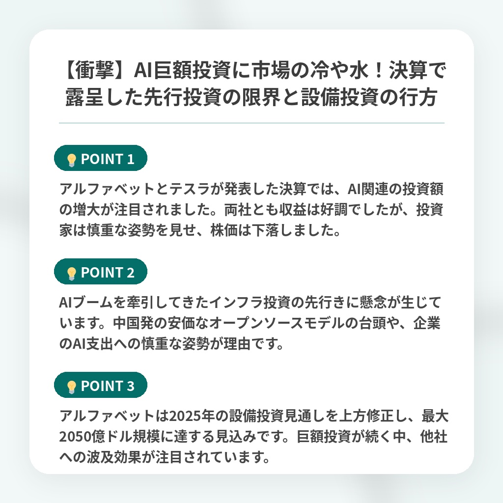 【衝撃】AI巨額投資に市場の冷や水！決算で露呈した先行投資の限界と設備投資の行方の注目ポイントまとめ
