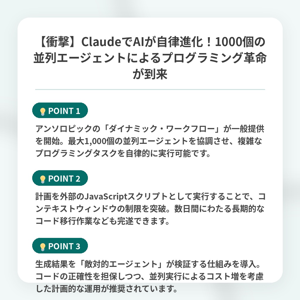 【衝撃】ClaudeでAIが自律進化！1000個の並列エージェントによるプログラミング革命が到来の注目ポイントまとめ