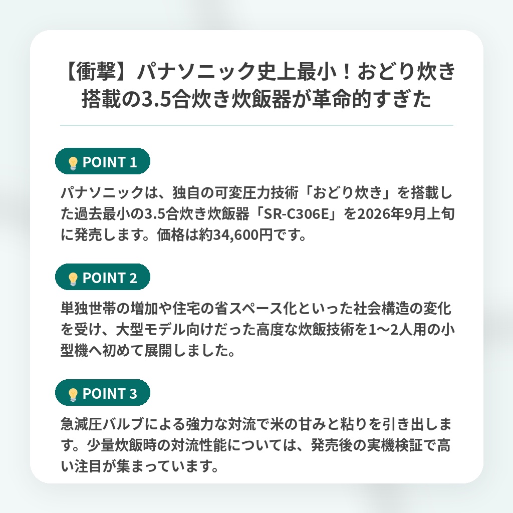 【衝撃】パナソニック史上最小!おどり炊き搭載の3.5合炊き炊飯器が革命的すぎたの注目ポイントまとめ