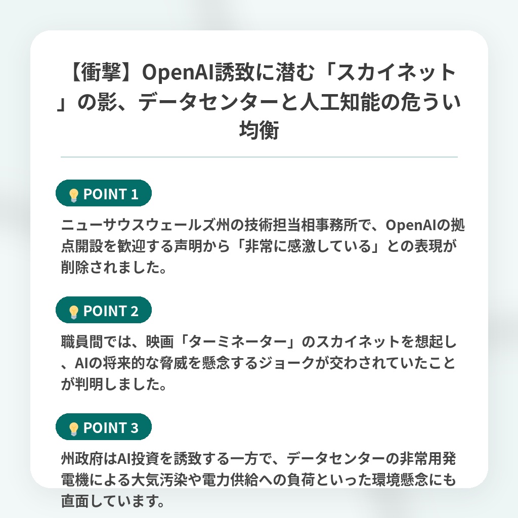 【衝撃】OpenAI誘致に潜む「スカイネット」の影、データセンターと人工知能の危うい均衡の注目ポイントまとめ