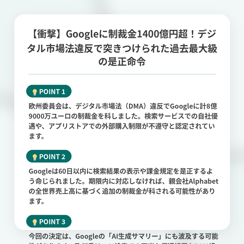 【衝撃】Googleに制裁金1400億円超！デジタル市場法違反で突きつけられた過去最大級の是正命令の注目ポイントまとめ