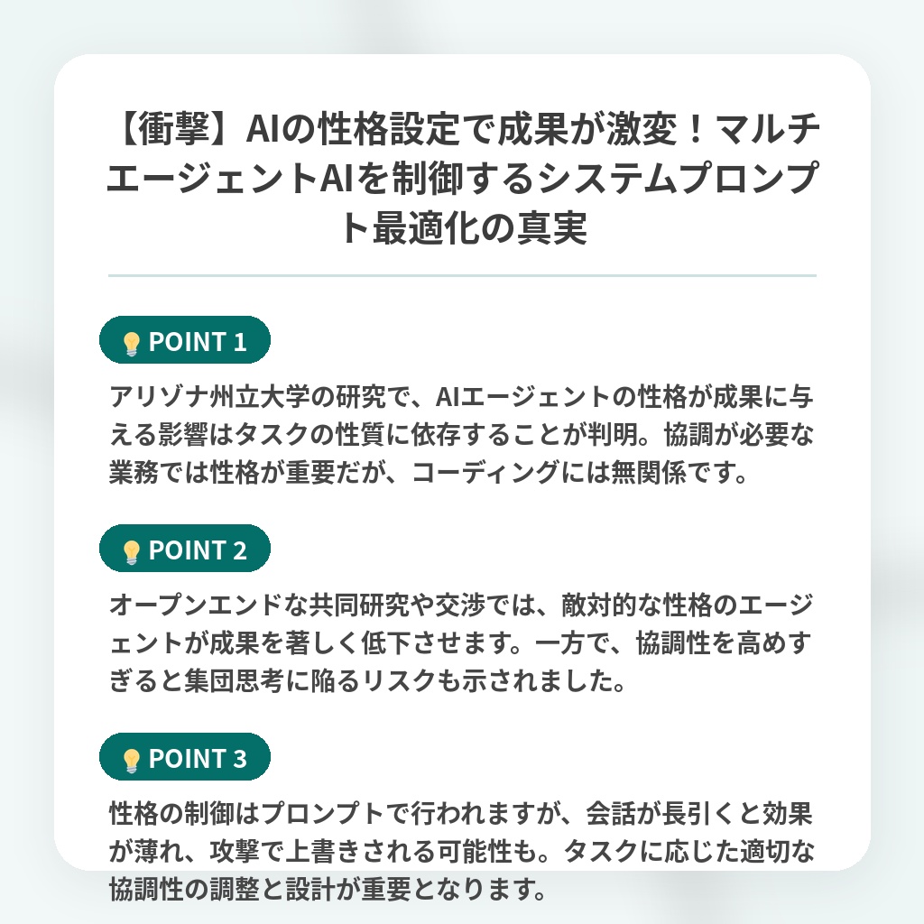 【衝撃】AIの性格設定で成果が激変!マルチエージェントAIを制御するシステムプロンプト最適化の真実の注目ポイントまとめ