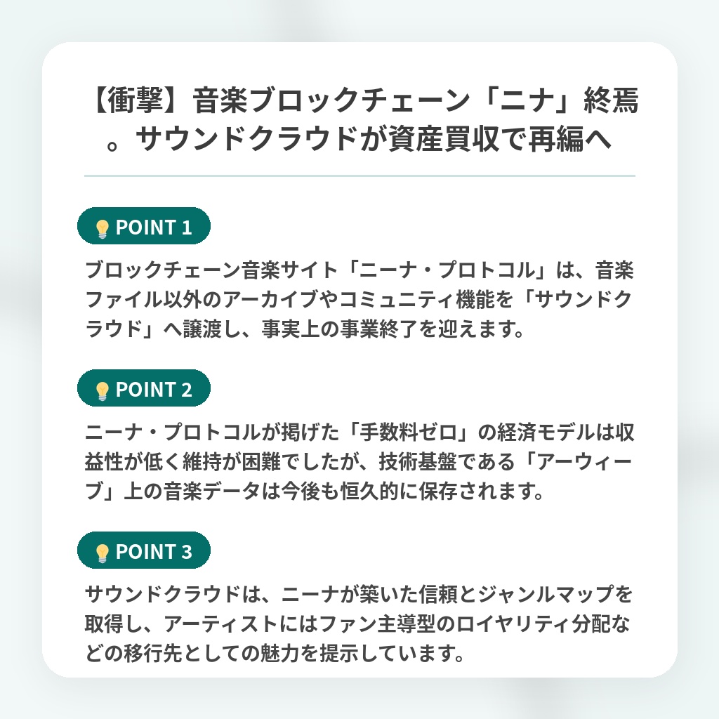 【衝撃】音楽ブロックチェーン「ニナ」終焉。サウンドクラウドが資産買収で再編への注目ポイントまとめ
