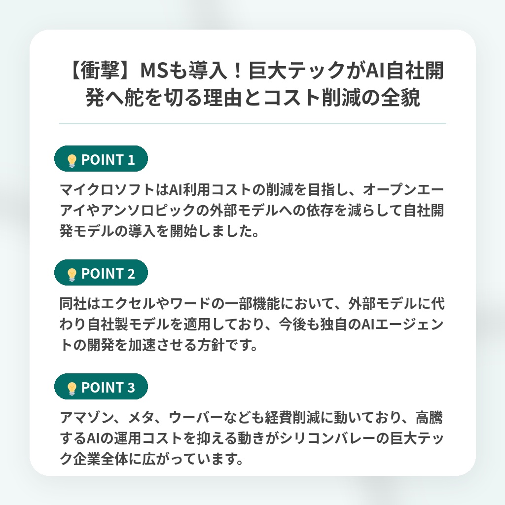 【衝撃】MSも導入!巨大テックがAI自社開発へ舵を切る理由とコスト削減の全貌の注目ポイントまとめ