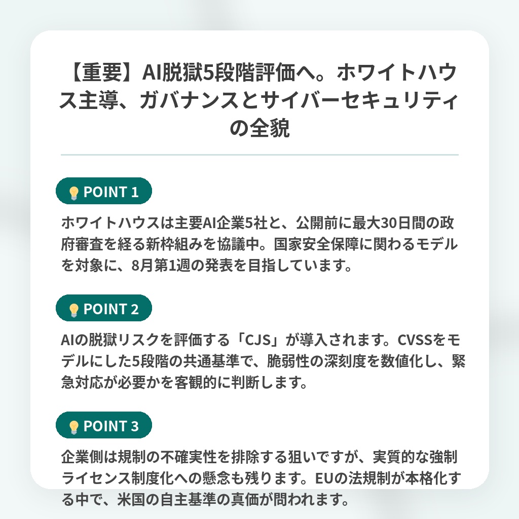 【重要】AI脱獄5段階評価へ。ホワイトハウス主導、ガバナンスとサイバーセキュリティの全貌の注目ポイントまとめ
