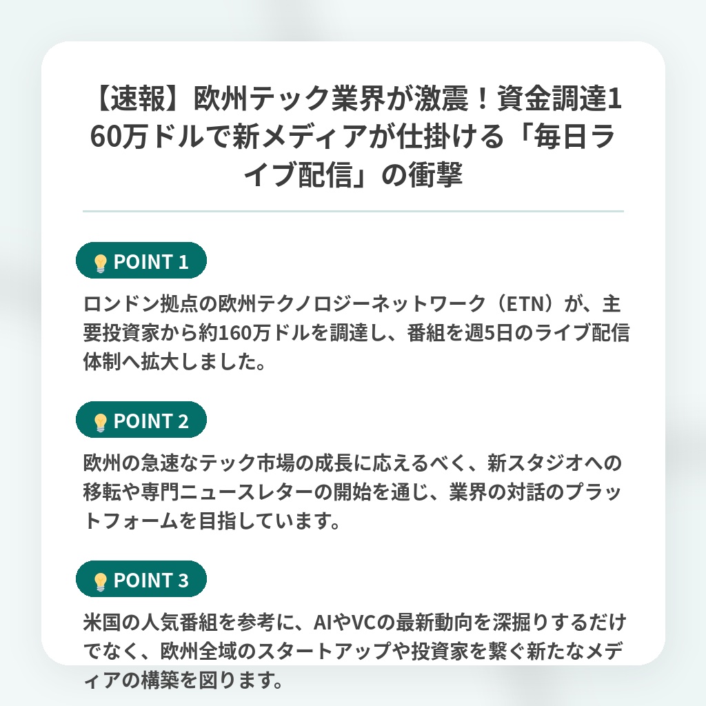 【速報】欧州テック業界が激震!資金調達160万ドルで新メディアが仕掛ける「毎日ライブ配信」の衝撃の注目ポイントまとめ