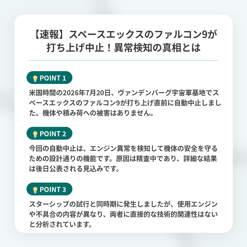 【速報】スペースエックスのファルコン9が打ち上げ中止！異常検知の真相とはの注目ポイントまとめ