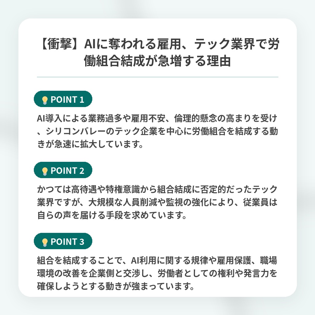 【衝撃】AIに奪われる雇用、テック業界で労働組合結成が急増する理由の注目ポイントまとめ
