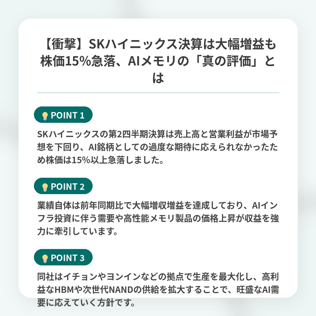 【衝撃】SKハイニックス決算は大幅増益も株価15%急落、AIメモリの「真の評価」とはの注目ポイントまとめ