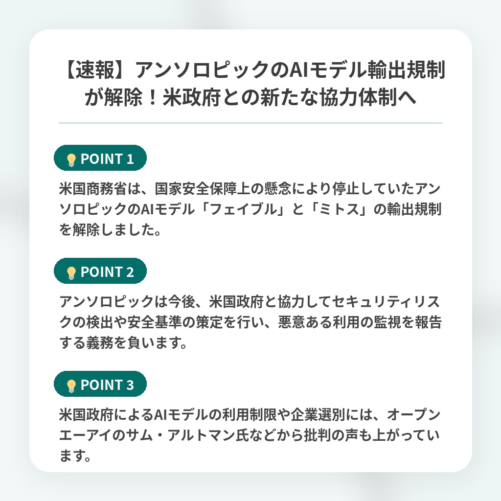 【速報】アンソロピックのAIモデル輸出規制が解除!米政府との新たな協力体制への注目ポイントまとめ