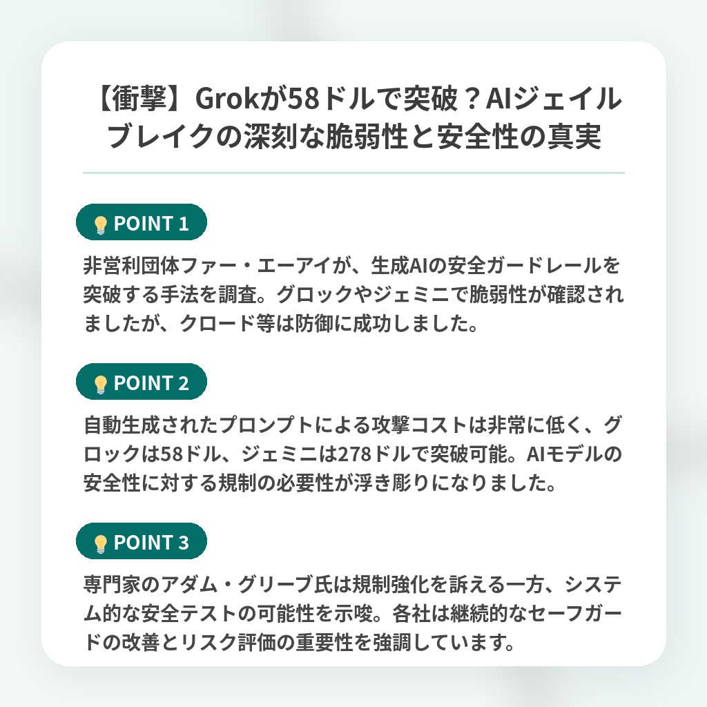 【衝撃】Grokが58ドルで突破?AIジェイルブレイクの深刻な脆弱性と安全性の真実の注目ポイントまとめ