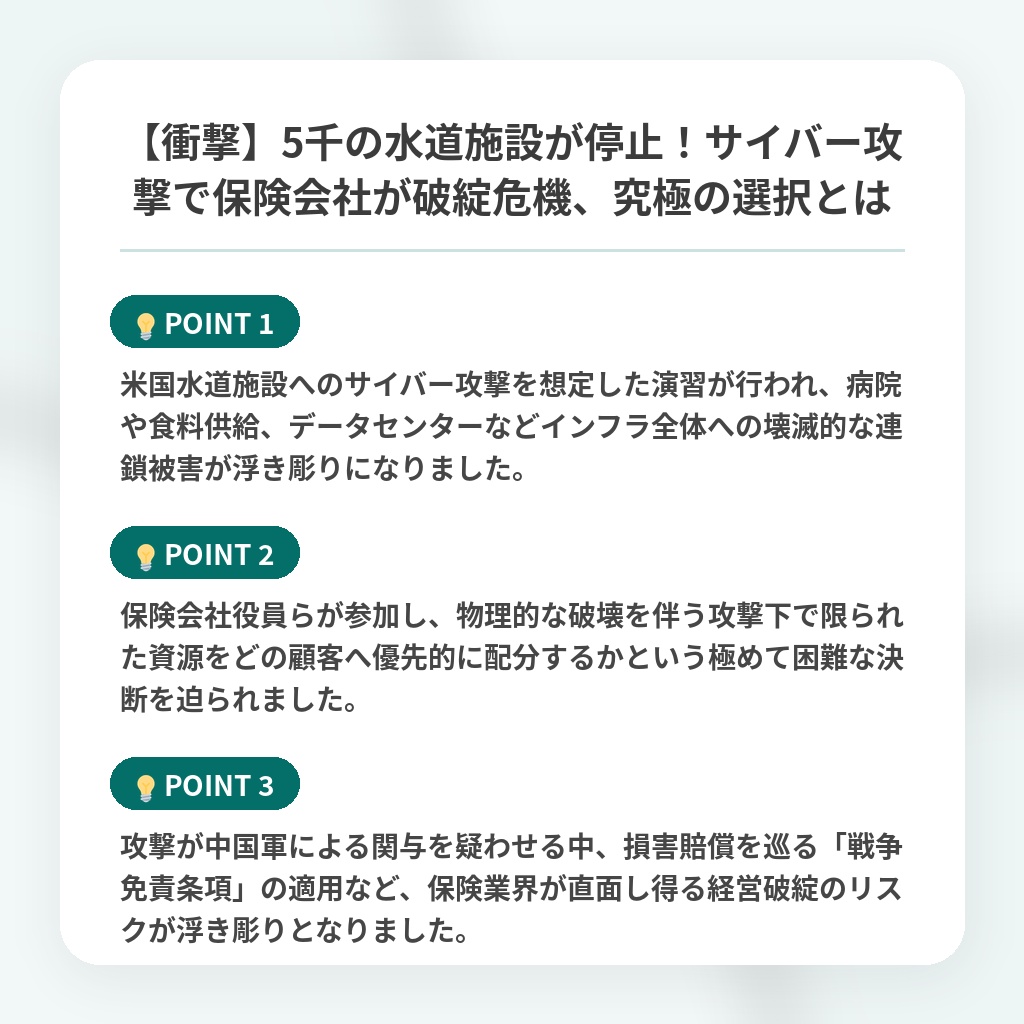 【衝撃】5千の水道施設が停止！サイバー攻撃で保険会社が破綻危機、究極の選択とはの注目ポイントまとめ