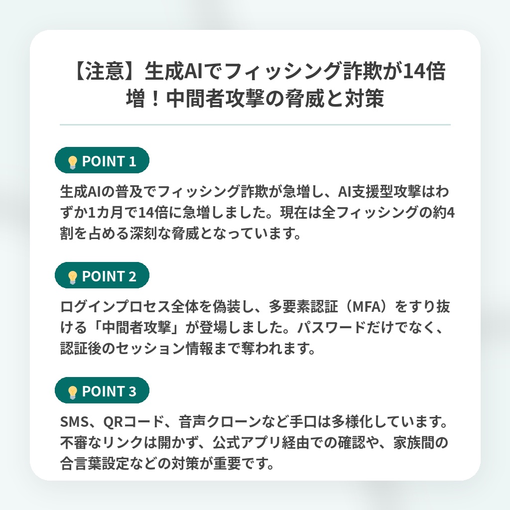 【注意】生成AIでフィッシング詐欺が14倍増！中間者攻撃の脅威と対策の注目ポイントまとめ